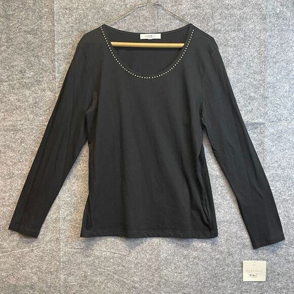 NWT Ellen Tracy Long Sleeve Top Women's Size Large Black Studded Scoop Neck - Picture 1 of 12